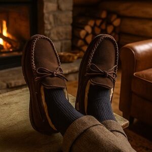 Cloud Nine Sheepskin Brown Suede Moccasin Slippers | Men’s Size 9